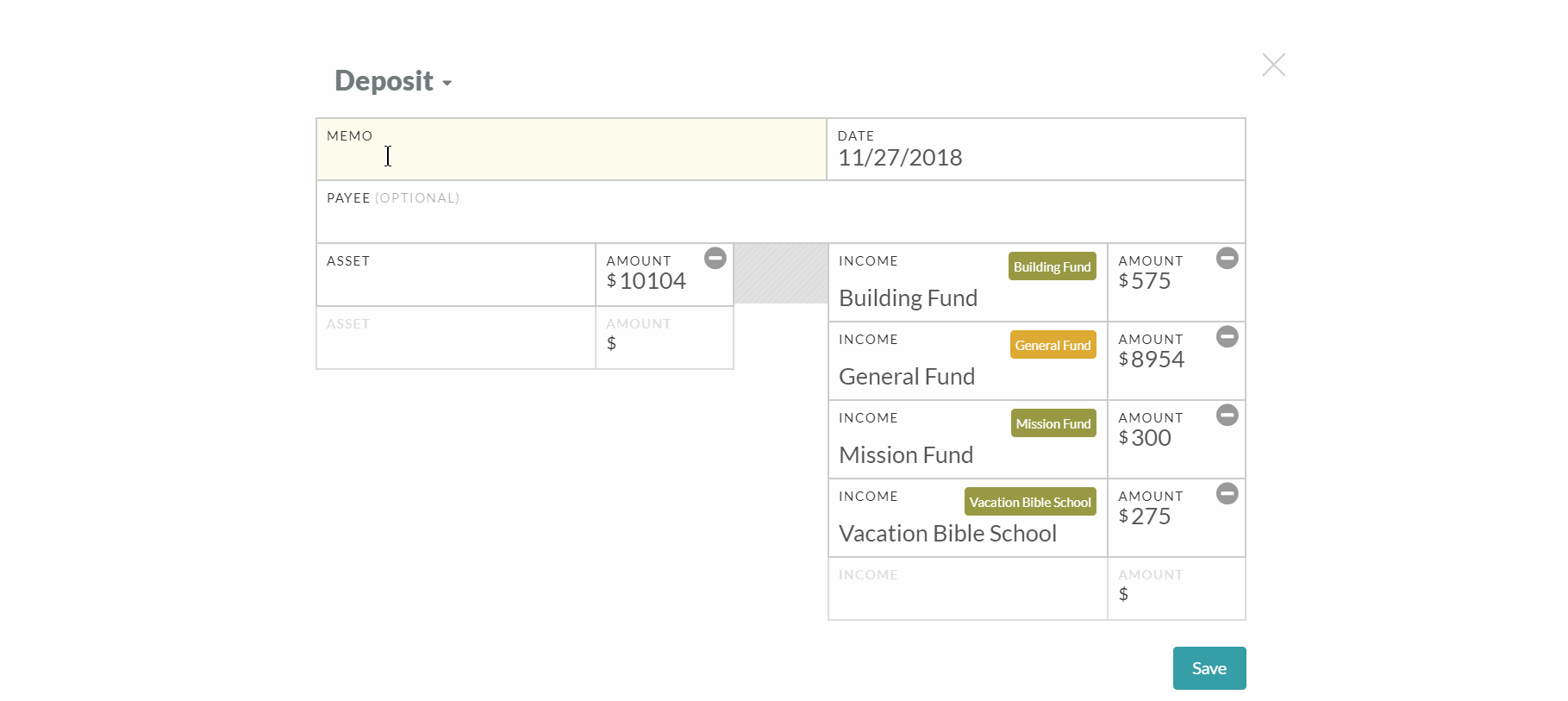 screenshot of deposit screen in church360 ledger