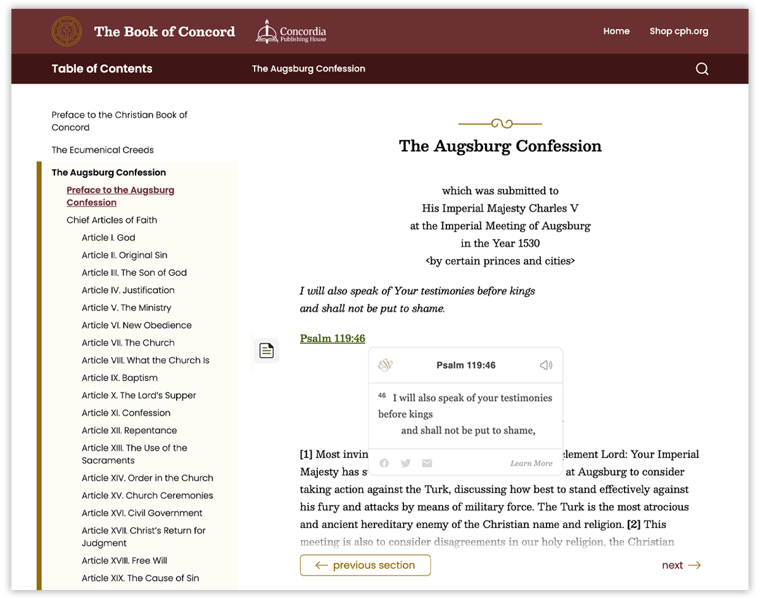Book of Concord website features