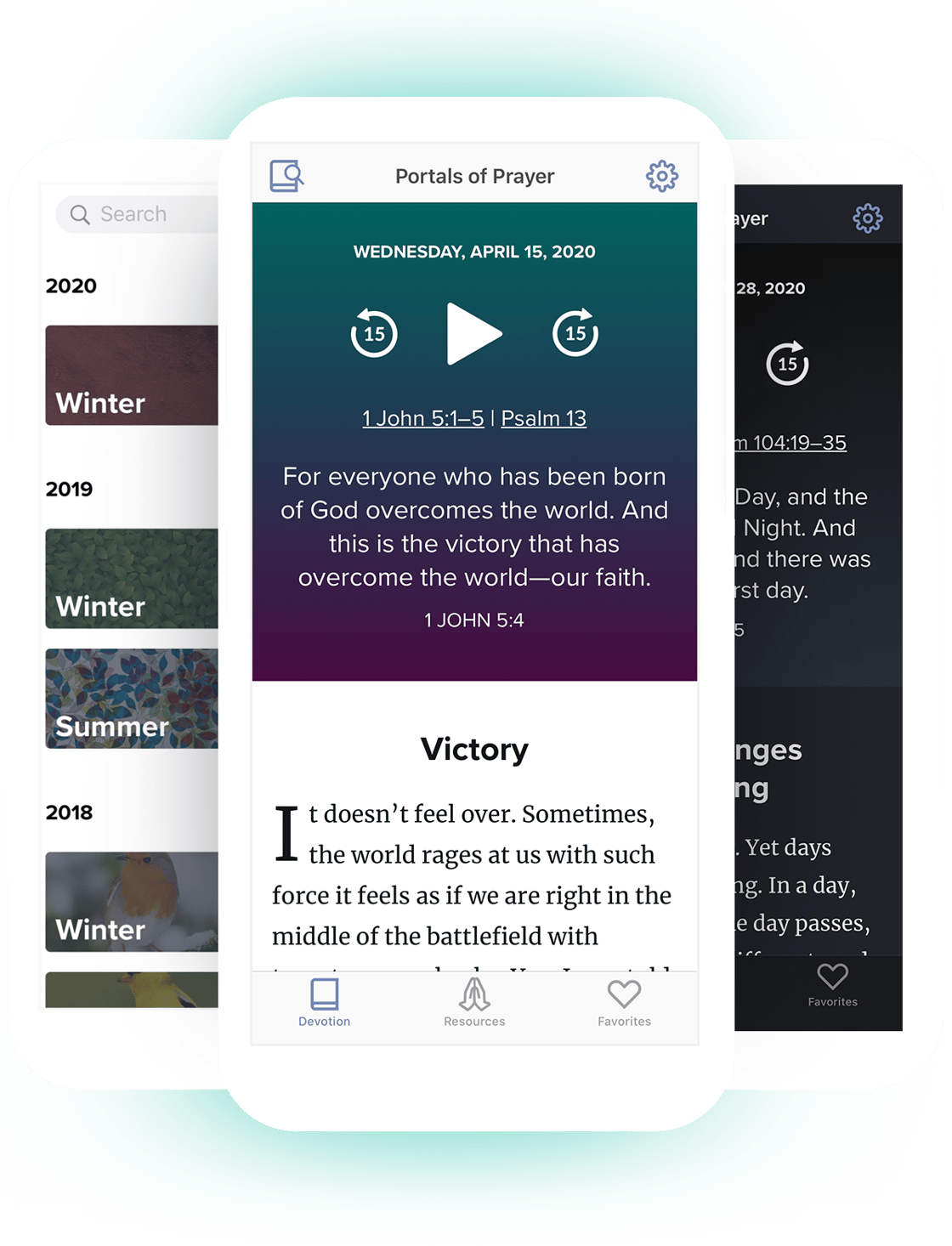 Image of three screens from the Portals of Prayer App. 
